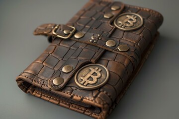 Poster - Brown leather wallet laying on a table is holding physical bitcoins, representing the growing popularity of blockchain technology and cryptocurrency