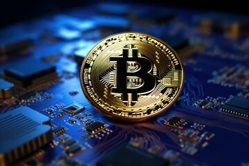 Poster - Bitcoin cryptocurrency resting on blue computer motherboard suggesting mining or blockchain technology