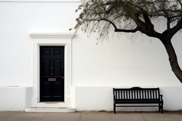 Poster - Black door and bench standing against a white wall, with tree branches hanging overhead, creating a stark contrast