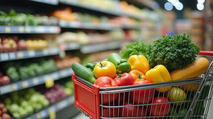 Wall Mural - Shopping Cart Basket with Fresh Organic Vegetables and Fruits Groceries in Supermarket Shop Store in Aisle