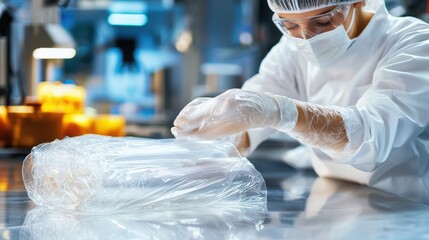 Poster - scientist in white protective uniform examining specimen in medical laboratory