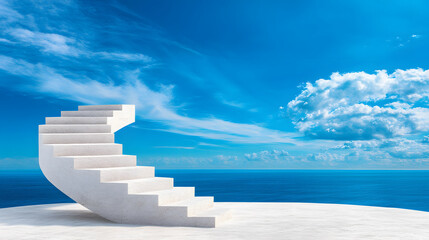 Aufkleber - A surreal white spiral staircase leads to a bright blue sky over a calm ocean, creating an ethereal and dreamlike atmosphere