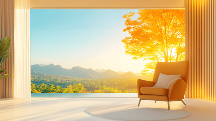 Poster - A bright, serene living space features a cozy orange chair beside large windows showcasing a beautiful sunset landscape