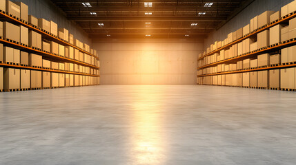 Poster - A spacious warehouse interior with neatly stacked boxes on shelves, illuminated by warm light, creating a well-organized and inviting atmosphere