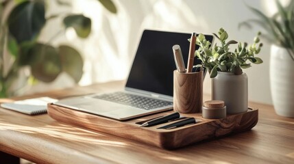 Poster - Cozy Workspace with Laptop and Office Supplies on Wooden Desk