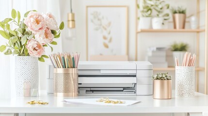 Poster - Elegant Workspace with Floral Decor and Office Supplies on Wooden Desk