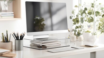 Poster - Organized and Modern Workspace with Desktop Computer and Office Supplies