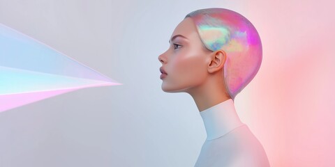 Poster - a woman with a futuristic headpiece and a white shirt. the image is a representation of the future a