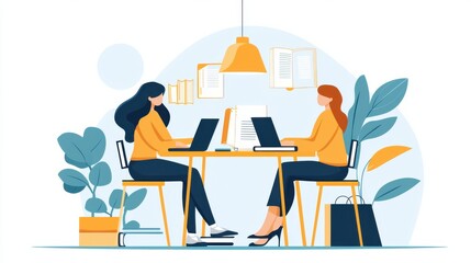 Poster - The coworkers collaborating in the office with laptop and discussing on project strategy and problem solving ideas