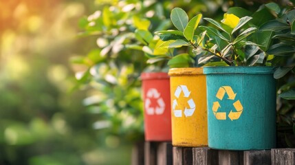 Poster - Colorful recycling bins with lush greenery in the background