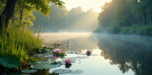 Wall Mural - early morning lake scene with reeds and lily pads, serene, foliage