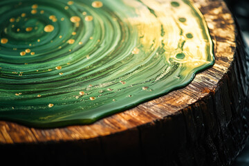 Vibrant green resin flows over a wooden surface in a creative craft project