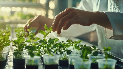 Poster - Hands tending to green plants in a modern greenhouse environment for sustainable agriculture
