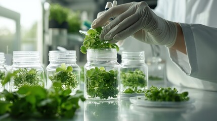 Poster - Scientist Examining Potted Hydroponics Plants in Laboratory Greenhouse