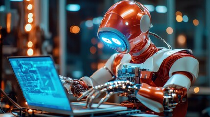 Poster - Futuristic Robot Working on Computer with Blue and Red Glowing Lights