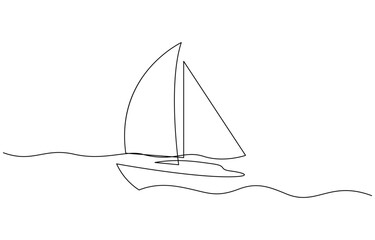 Wall Mural - Sailboat continuous one line icon drawing on white background, Sailboat Continuous One Line Drawing. Ship Line Art Sketch Black Drawing Isolated on White Background.