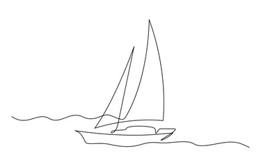 Wall Mural - Sailboat continuous one line icon drawing on white background, Sailboat Continuous One Line Drawing. Ship Line Art Sketch Black Drawing Isolated on White Background.