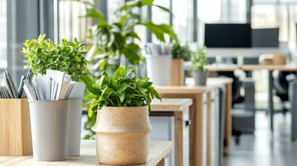 Poster - Cozy and Organized Home Office with Potted Plants and Modern Furniture