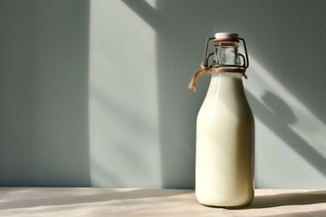 Poster - Sunlight illuminating glass bottle of milk on table against pastel wall, casting window shadows