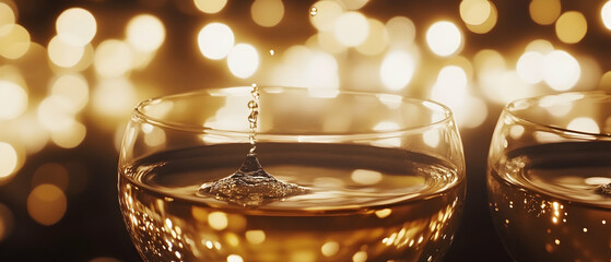 Wall Mural - Champagne glasses bubbling against a backdrop of festive golden lights for a celebratory scene  -