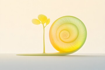 Poster - Abstract Spiral Shell with Sprout: Nature's Growth, Artistic Design, Slow and Steady Progress, Symbolic Representation, Serene Visual, Yellow and Green Hues.