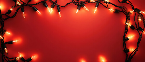 Wall Mural - christmas garland lights framing a bold red background with ample space for seasonal messages -