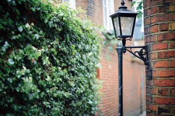 Wall Mural - A single street light standing tall next to a brick building, ready for nighttime