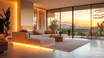 Poster - Stunning Modern Living Room with Panoramic Mountain Sunset View and Luxurious Interior Decor