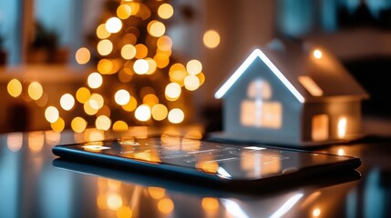 Poster - Smartphone on Festive Wooden Desk with Blurred Christmas Lights