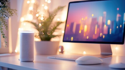 Poster - Cozy and Productive Workspace with Glowing Decor and Lush Plant