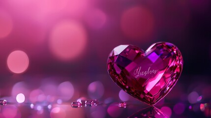 Crystal heart paperweight with couple's names etched inside, placed on a glass table under soft purple and pink light, digital art