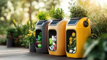 Poster - Colorful recycling bins in a lush green garden setting promoting eco friendly waste management and sustainability