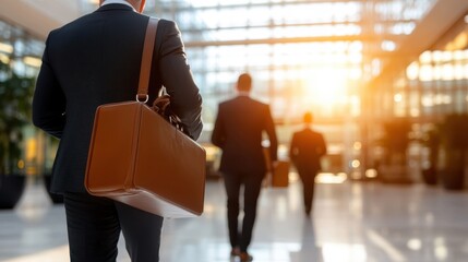 Three businessmen stroll towards a bright, open office space, each carrying a briefcase, conveying a sense of purpose and forward-thinking in a modern workplace environment.