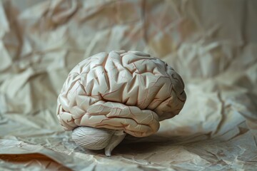 Poster - Anatomical model of human brain placed on crumpled paper, symbolizing complex thoughts and neurological research