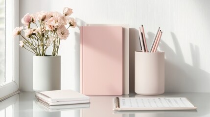 Poster - Minimalist Desk Workspace with Laptop Stationery and Floral Decor