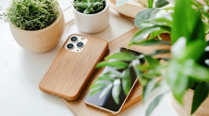 Poster - Green Indoor Desk Setup with Potted Plant and Wooden Smartphone Case