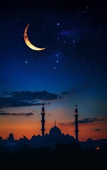 Wall Mural - Beautiful night sky with a crescent moon and the silhouette of a mosque, a Ramadan background with copy space . 