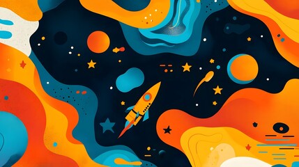 Poster - Rocket Ship Soars Through Colorful Cosmic Landscape: An Abstract Space Adventure