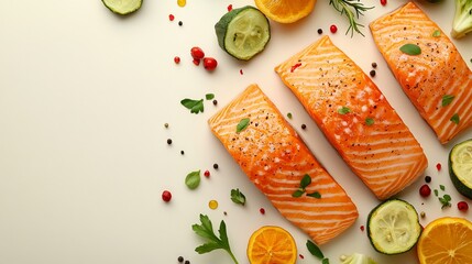 Wall Mural - Deliciously Grilled Salmon Fillet Garnished with Fresh Vegetables on a Bright White Surface Creating a Vibrant and Appetizing Culinary Presentation for Healthy Lifestyle Enthusiasts