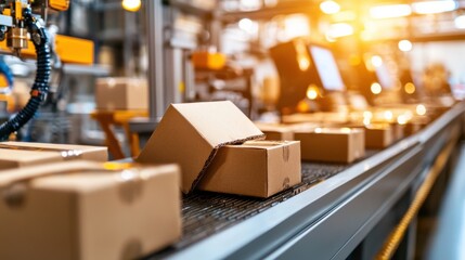 Poster - Automated Warehouse Conveyor System with Cardboard Boxes for Efficient Logistics and Supply Chain