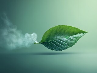 Aufkleber - A Vibrant Green Leaf with Water Droplets and Ethereal Smoke Swirling Above, Symbolizing Nature, Freshness, and Clean Air in an Abstract Environment