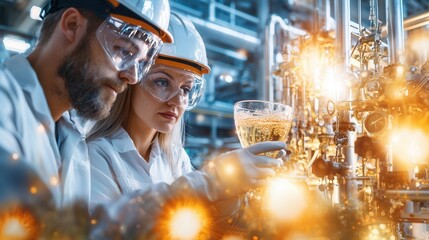 Poster - scientist conducting experiment in laboratory with beakers and microscope