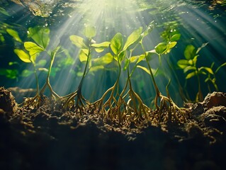 Aufkleber - Beneath the Water: Lush Green Plants with Exposed Roots Thriving in a Sunlit Underwater Environment Showcasing Nature's Beauty and Resilience