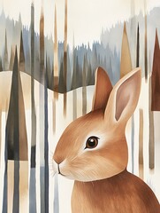 Wall Mural - Cute brown rabbit in stylized winter forest.