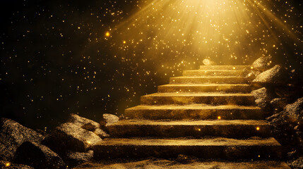 Poster - A mystical staircase illuminated by a golden light, creating an enchanting atmosphere filled with sparkling particles