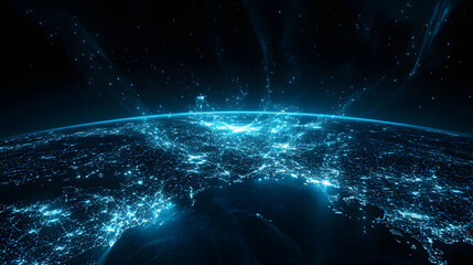 Poster - A digital representation of Earth, illuminated by interconnected lights, showcasing a futuristic view of global networks and urban areas