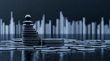 Poster - A sleek, modern graphic featuring a stack of coins with a pawn piece, set against a dark background with abstract vertical bars, suggesting finance and strategy