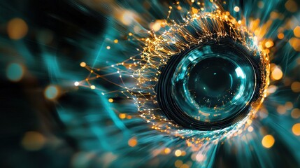 Poster - Mesmerizing Macro Eyeball with Iridescent Swirling Patterns and Glowing Bubbles
