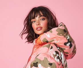 attractive woman with bangs covering her face, set against a pink background. She wears an oversized puffer jacket