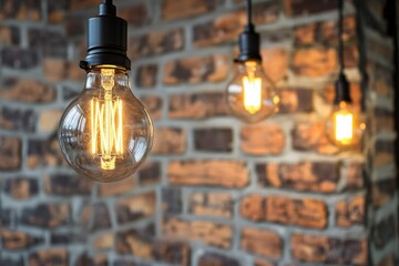 Poster - Three light bulbs suspended from a brick wall with power cords and fixtures
